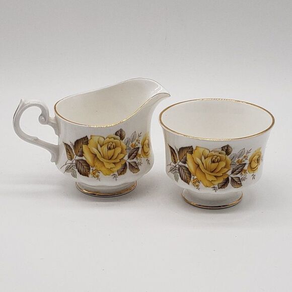 Queen Anne Vintage White Bone China Yellow Roses Ribbed Cream and Sugar Set - Picture 2 of 9